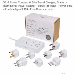 Greatness Line Travel Charging Station with USB and 8 adapters.